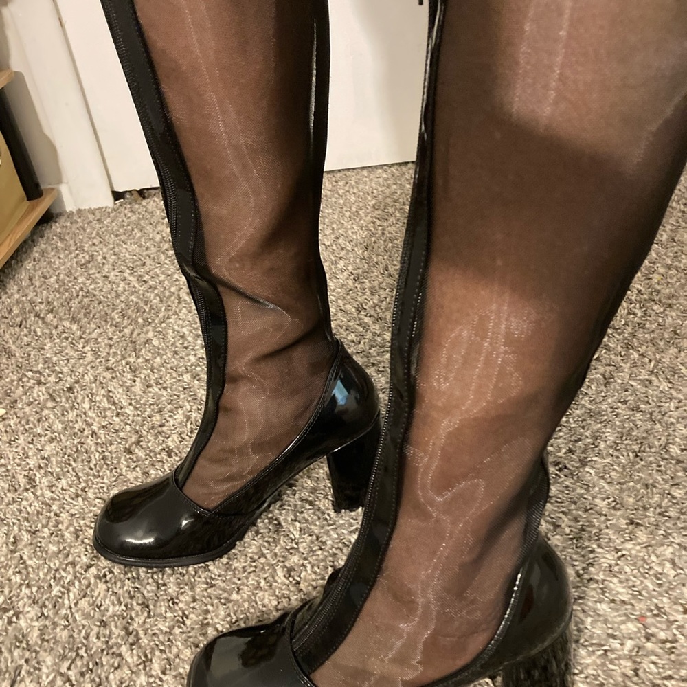 Sheer Black Patent Leather look Boots Size 7 , heel 1 /1.5  inch heel